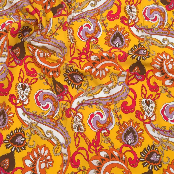 Zertifiziert 1,90 Meter - 100% Viskose Javanaise "Retro Paisley" Farbe Gelb-Orange