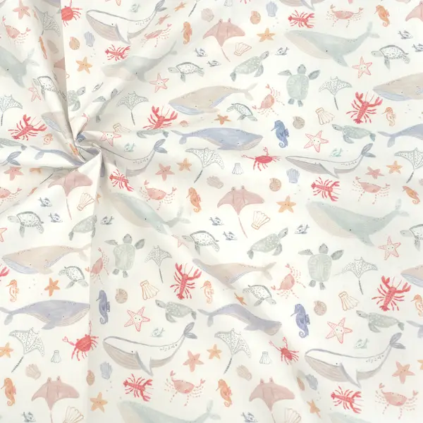 100% Baumwolle Popeline "Meerestiere " Farbe Weiss Highlight