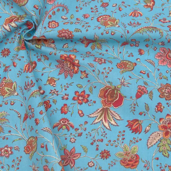 3,40 Meter - 100% Baumwollstoff "Nostalgische Blumenranken" Farbe Hell-Blau Meistverkauft