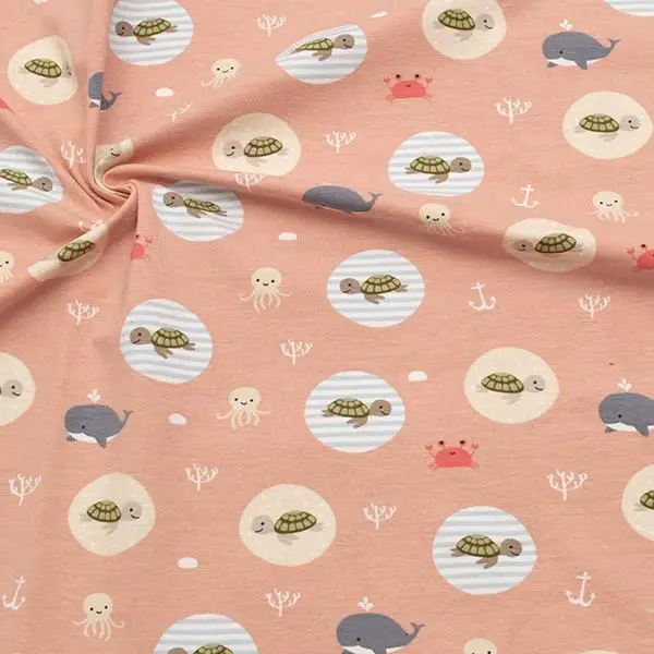 3,00 Meter - Baumwoll Stretch Jersey "Schildkröten & Co." Farbe Alt-Rosé Markenware