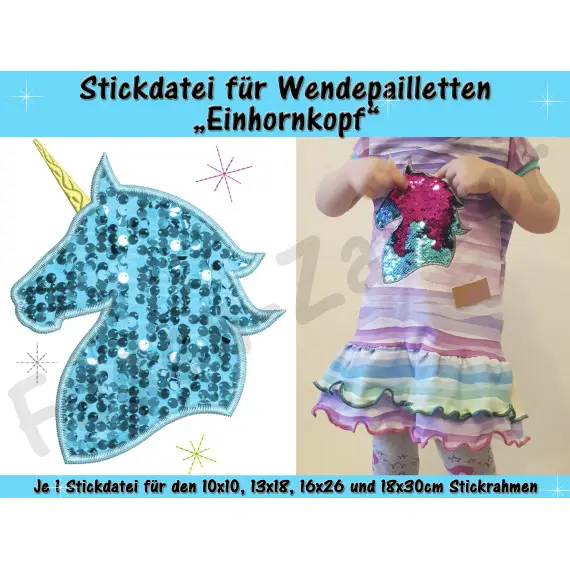 Zertifiziert Wendepailletten-Applikation Einhornkopf - Stickdatei-Set für den 10x10cm bis 18x30cm Rahmen
