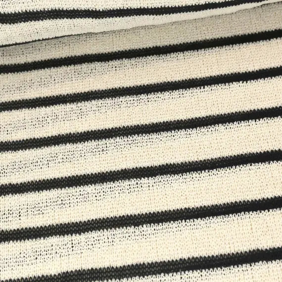 Neu Strickstoff - Häkel Strickoptik - Streifen - Ecru/Stahlblau